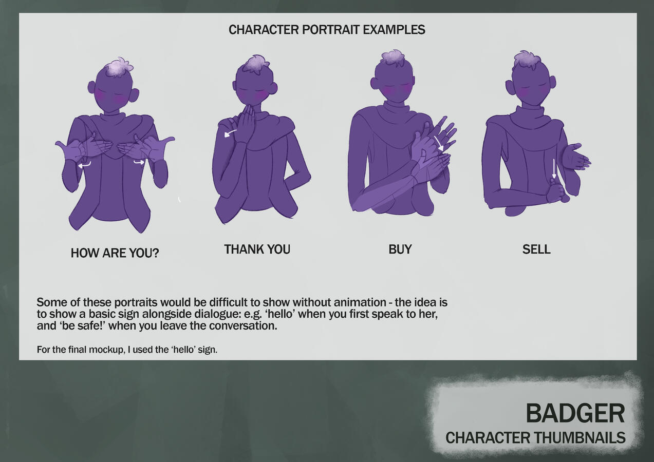 Pose/Auslan examples for Badger's character