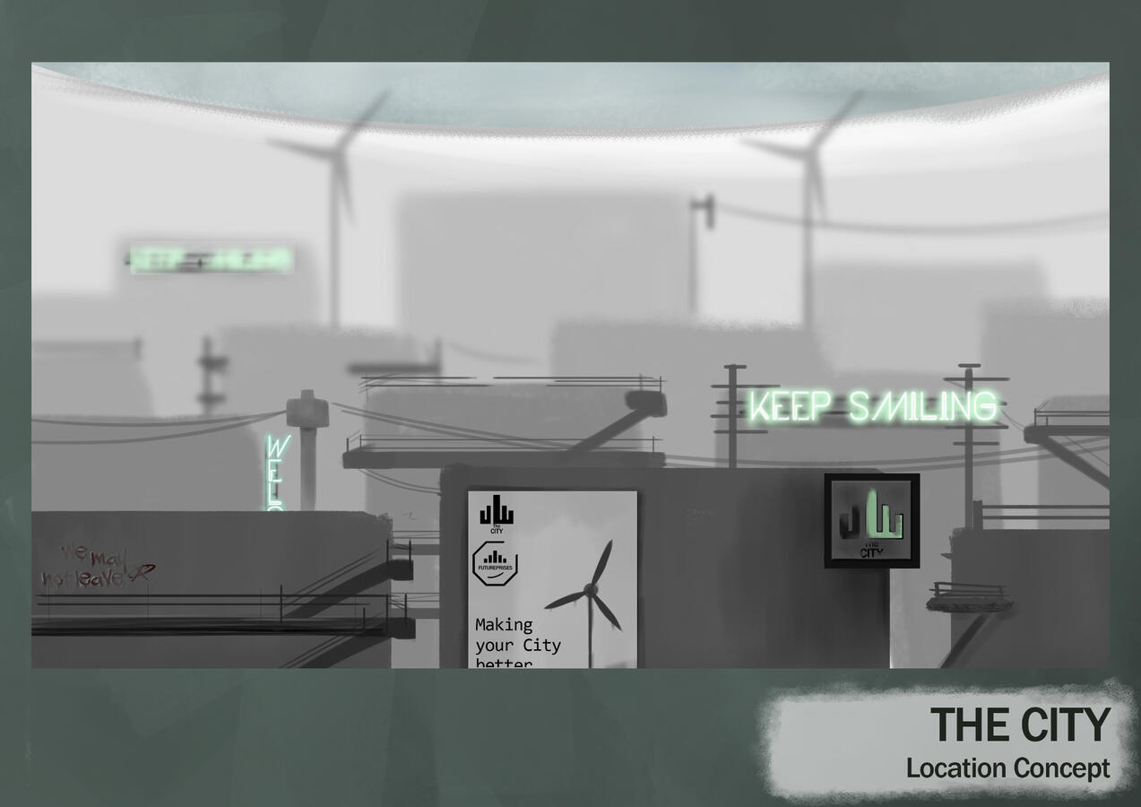 The City concept art. A cityscape with a rounded white wall behind it. It is greyscale with some green neon signs.