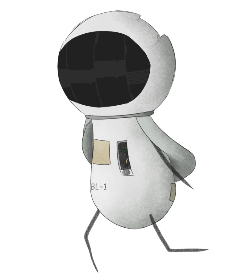 Drawing of a white robot with a space helmet and rounded body. It's body is cracked and rough, but is in a running position.