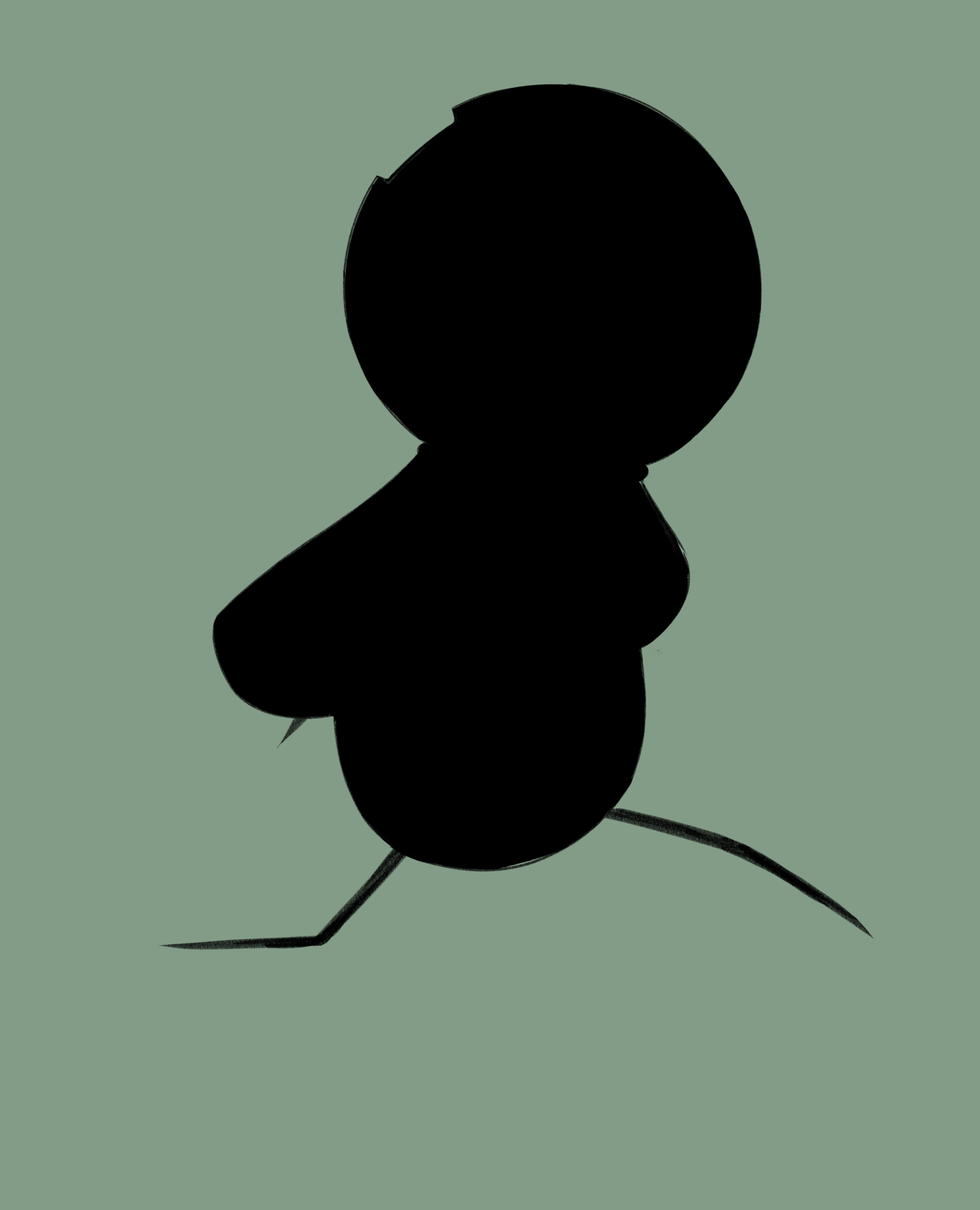 Drawing of a white robot with a space helmet and rounded body. It's body is cracked and rough, but is in a running position.