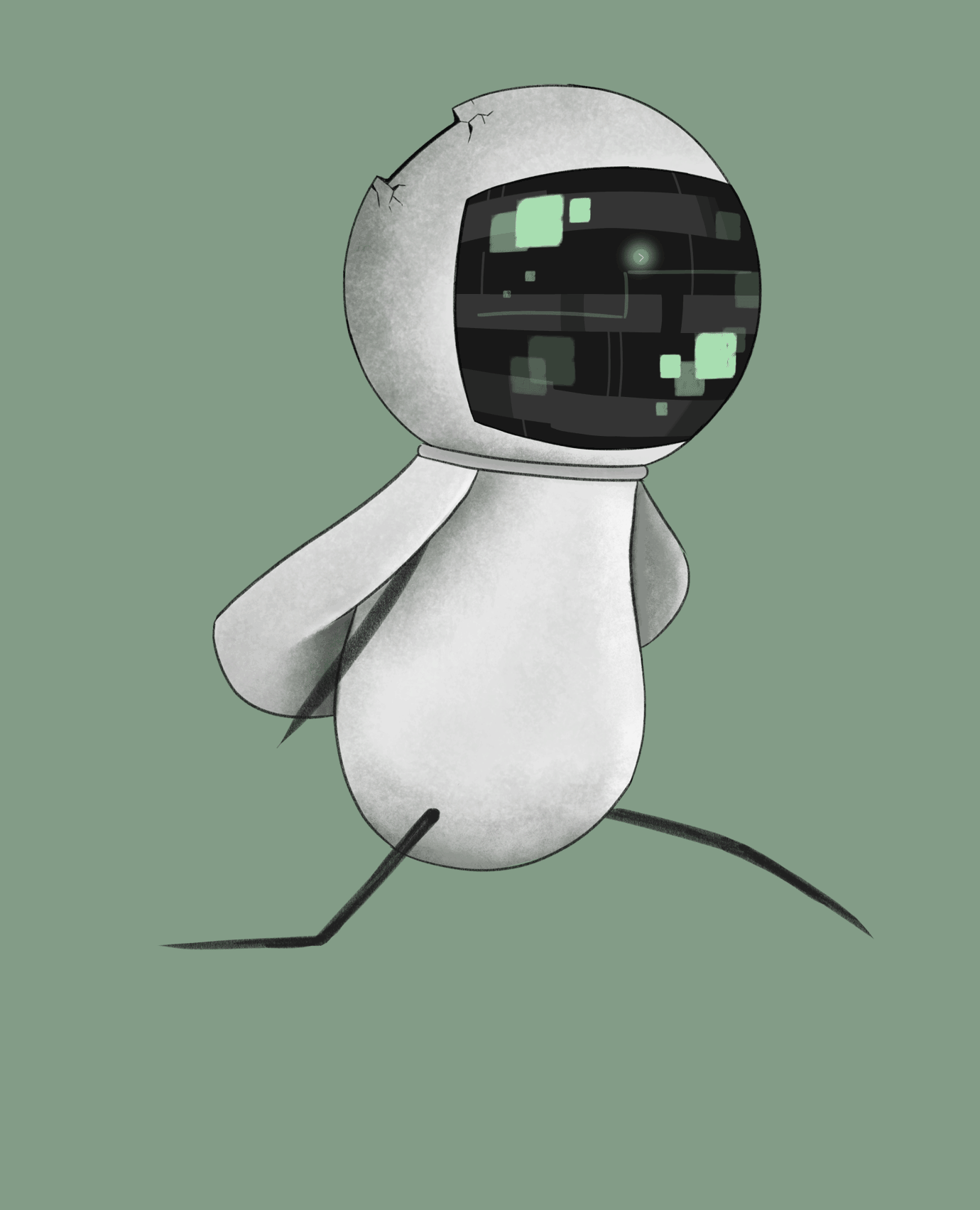 Drawing of a white robot with a space helmet and rounded body. It's body is cracked and rough, but is in a running position.